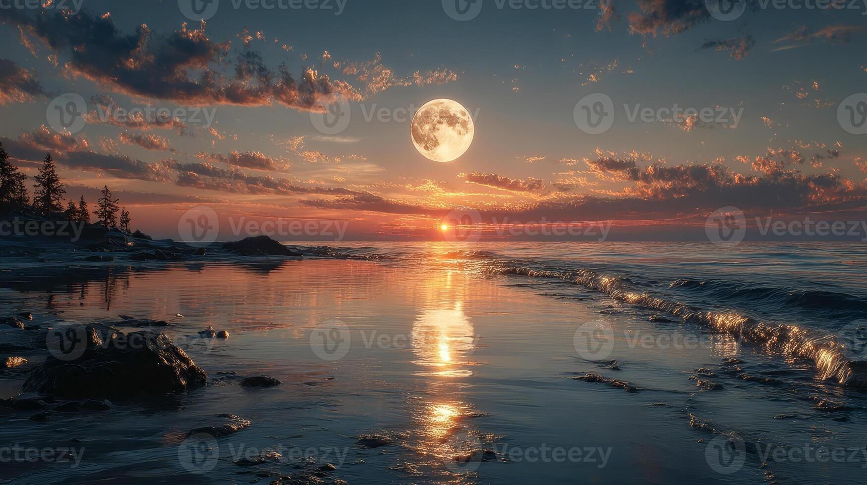 Full moon rising over calm lake in forest evening photo