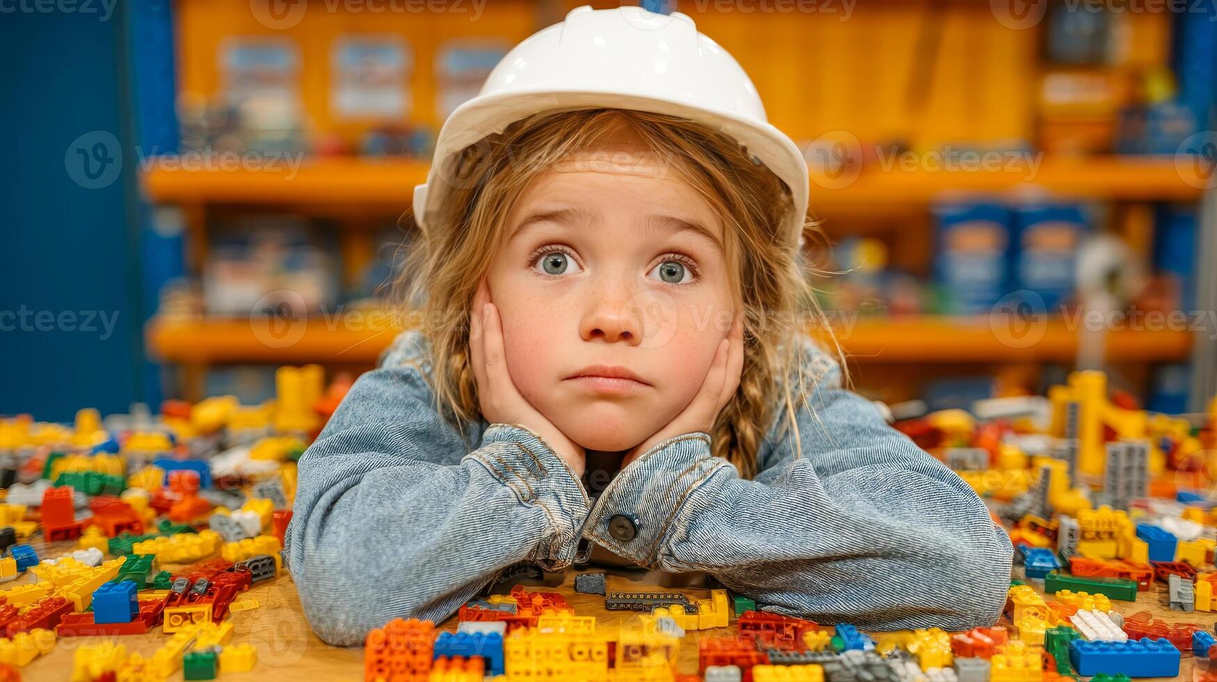 Girl in white construction helmet surrounded by building block and constructor photo
