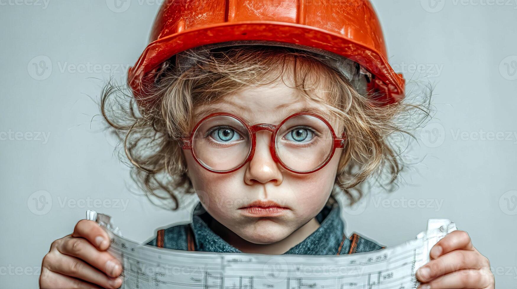 A smart looking boy in a helmet holds a construction drawing in his hands and studies the diagrams photo