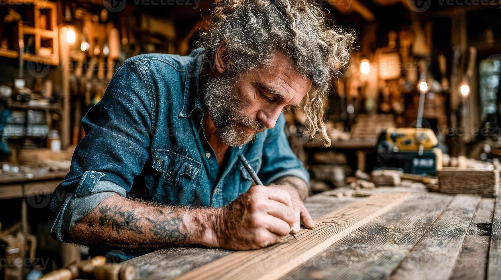 A man in a denim shirt with rolled up sleeves works in a workshop photo