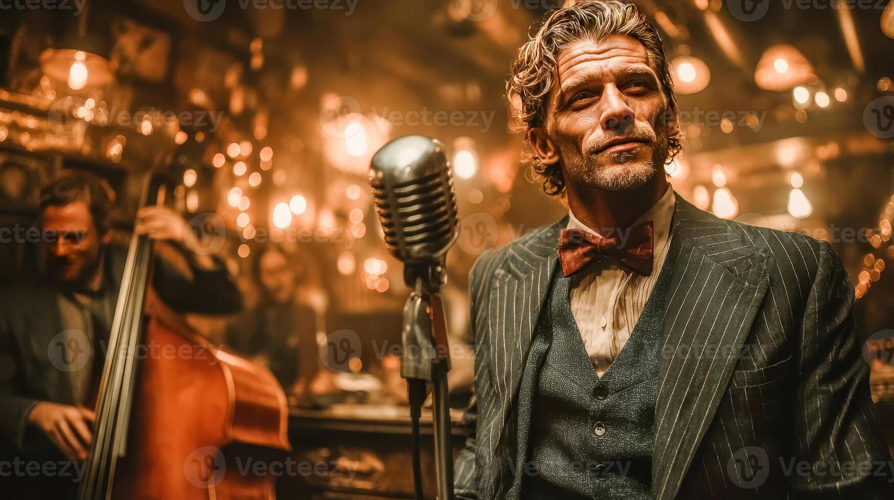 Jazz singer in a smoky bar, dressed in a stylish suit and bow tie, performs with a live band under dark lighting photo