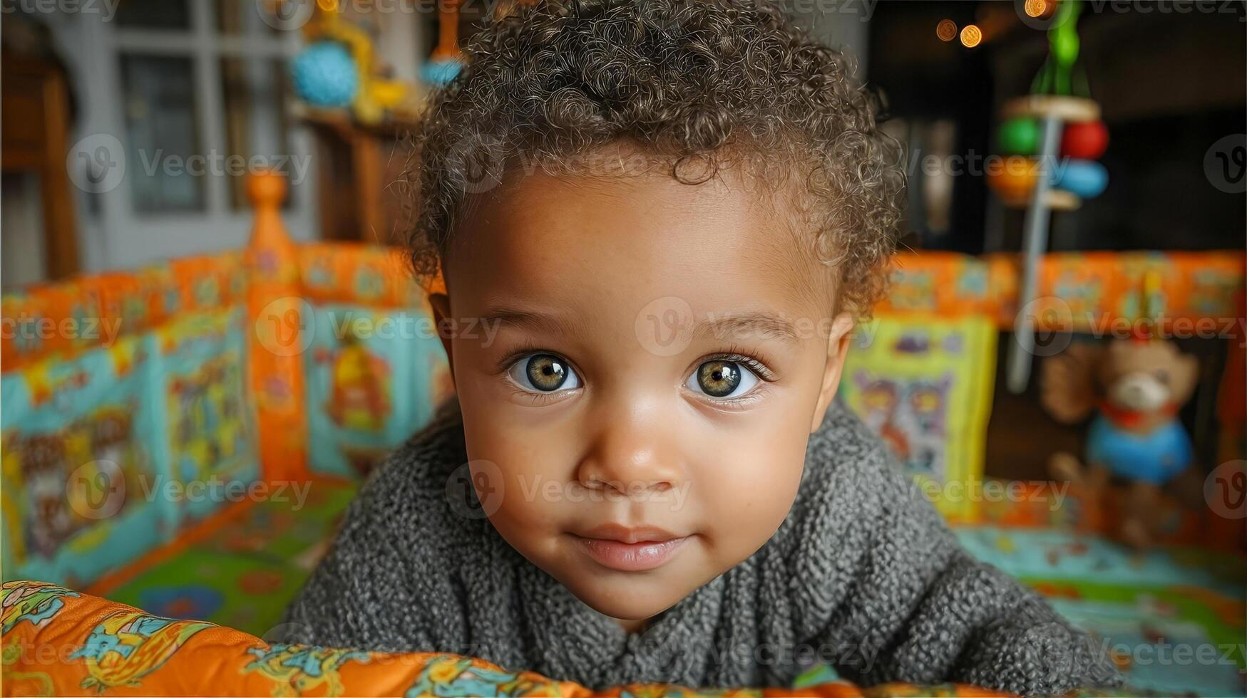 Curious black baby with curly hair crawls on colorful crib surrounded by toys photo