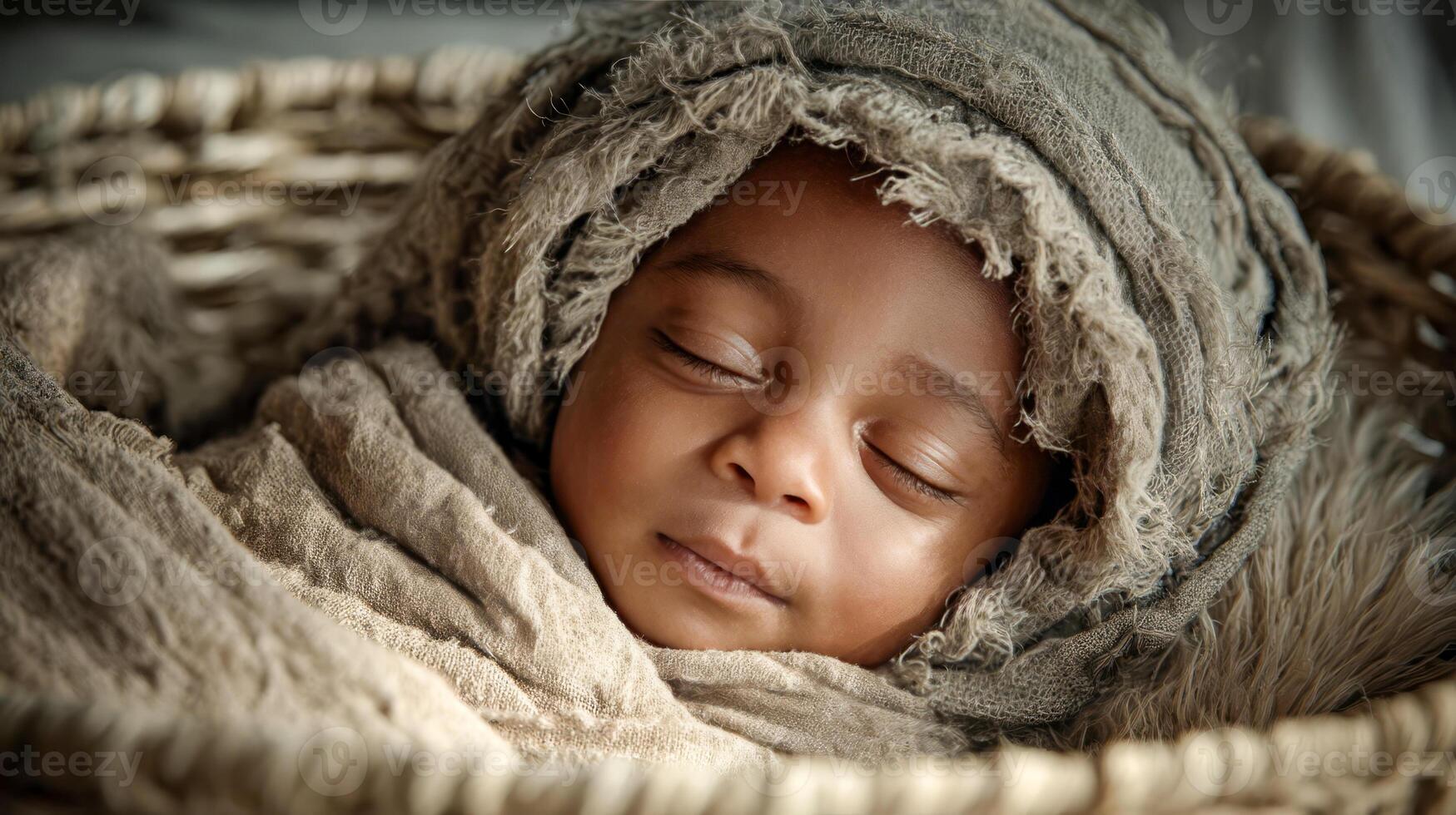 Newborn black baby wrapped in soft beige blanket sleeping peacefully in basket photo