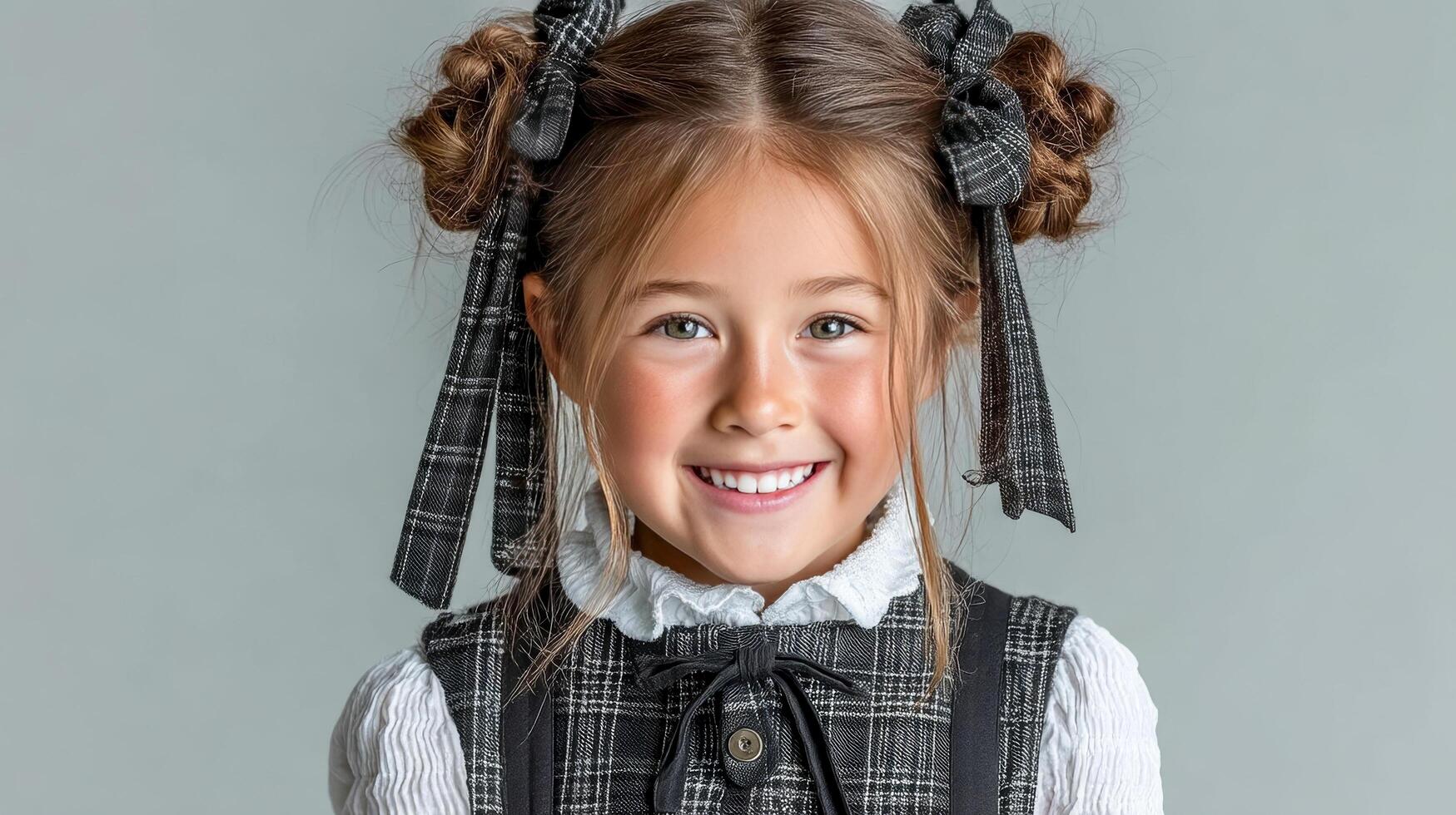 Happy girl in school uniform and bows on her hair stands on light background and smiles photo