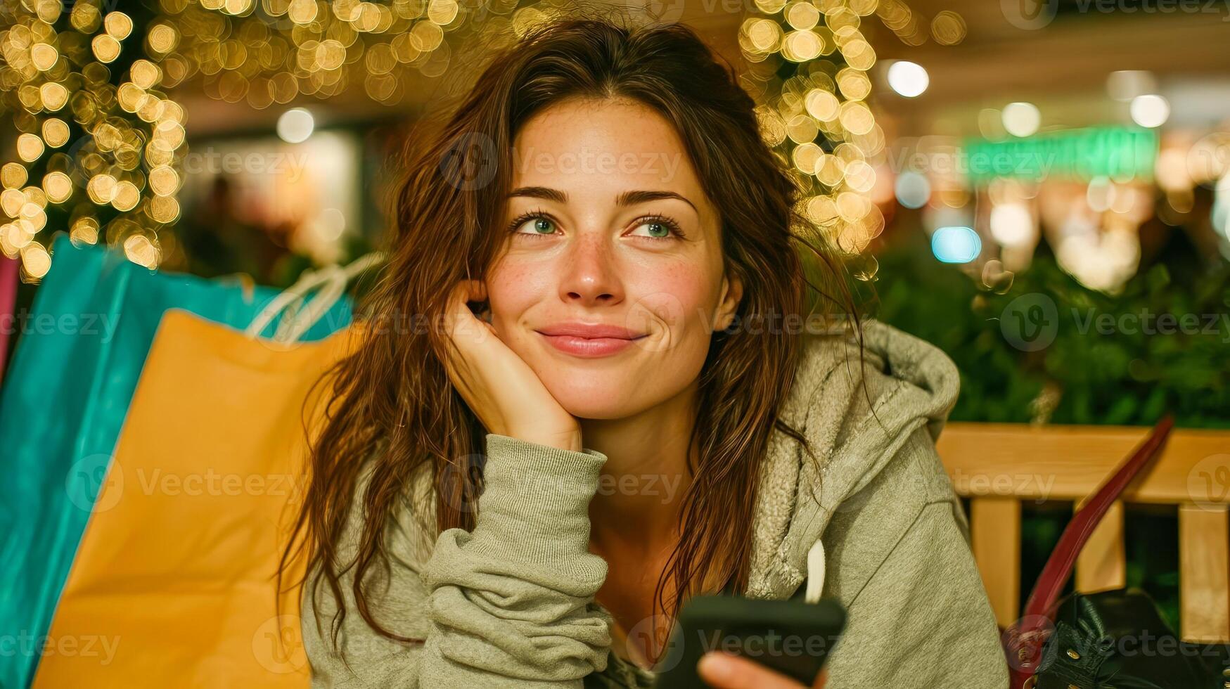 A tired but happy woman relaxes on a bench in a shopping mall, surrounded by paper and plastic bags from expensive stores photo