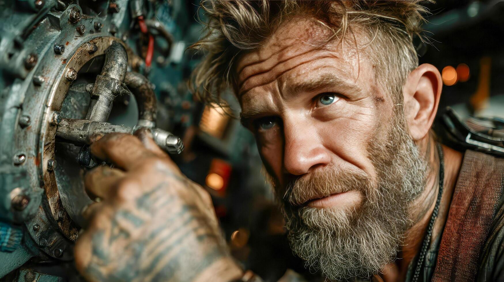 A male mechanic with a beard and a stern look repairs a car engine photo