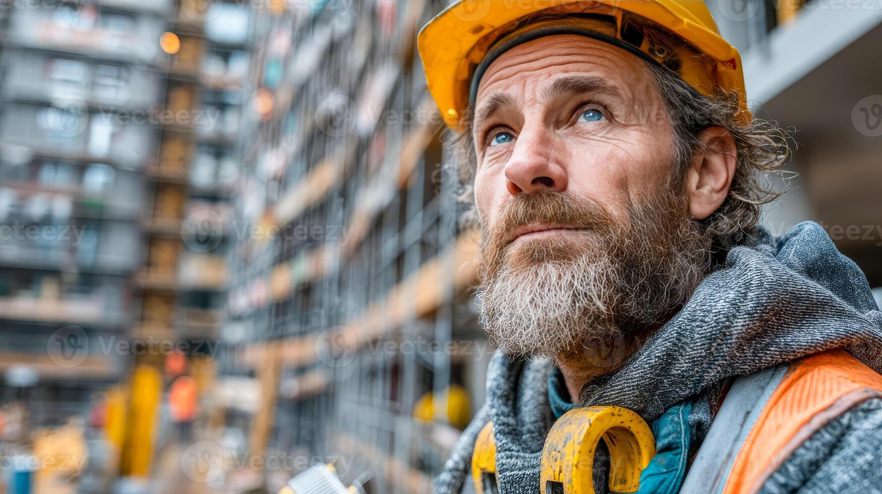 A man wearing a safety helmet, vest and headphones stands at a construction site where a building is being built photo