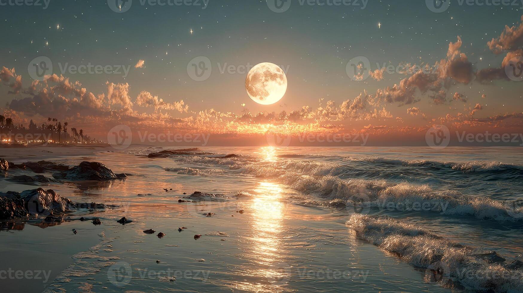 A full moon rises over a calm ocean, its reflection shimmering on the surface of the water as faint clouds float across the horizon photo