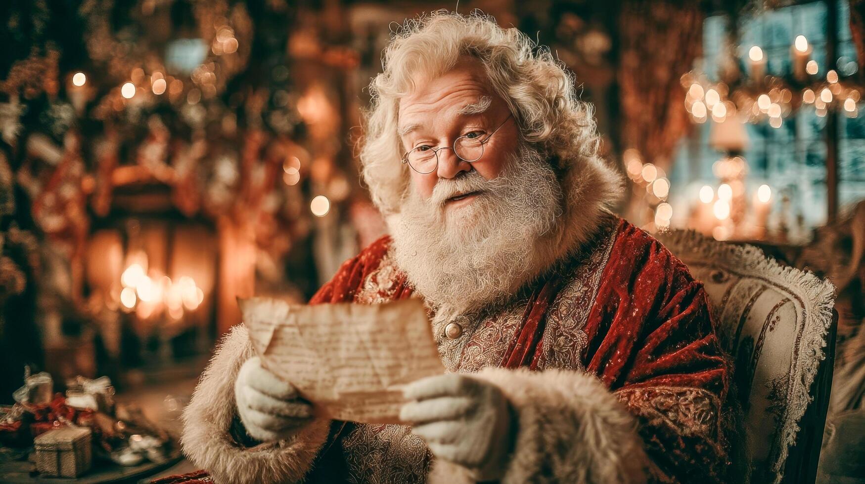 Santa Claus with white hair and beard enthusiastically reads a letter with wishes from children photo