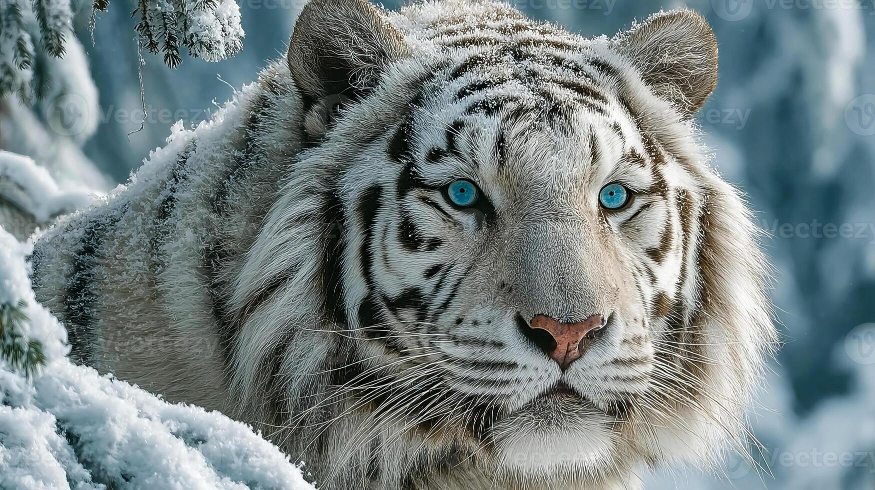 White tiger in snowy forest blending with environment piercing blue eyes elegant pose photo