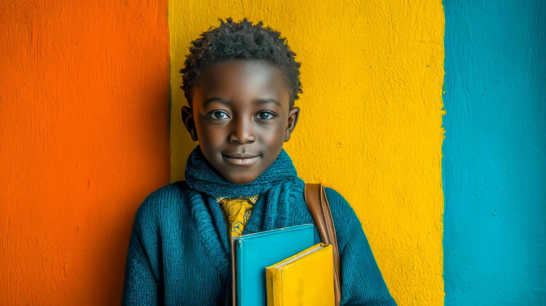 Black boy standing with textbooks in hands ready for school on bright background, school time photo