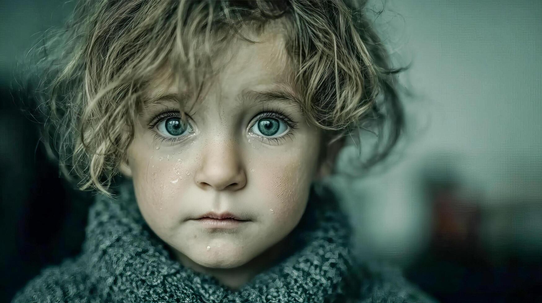 A boy with tears running down his face sits on the floor with a sad expression on his face and frightened eyes photo
