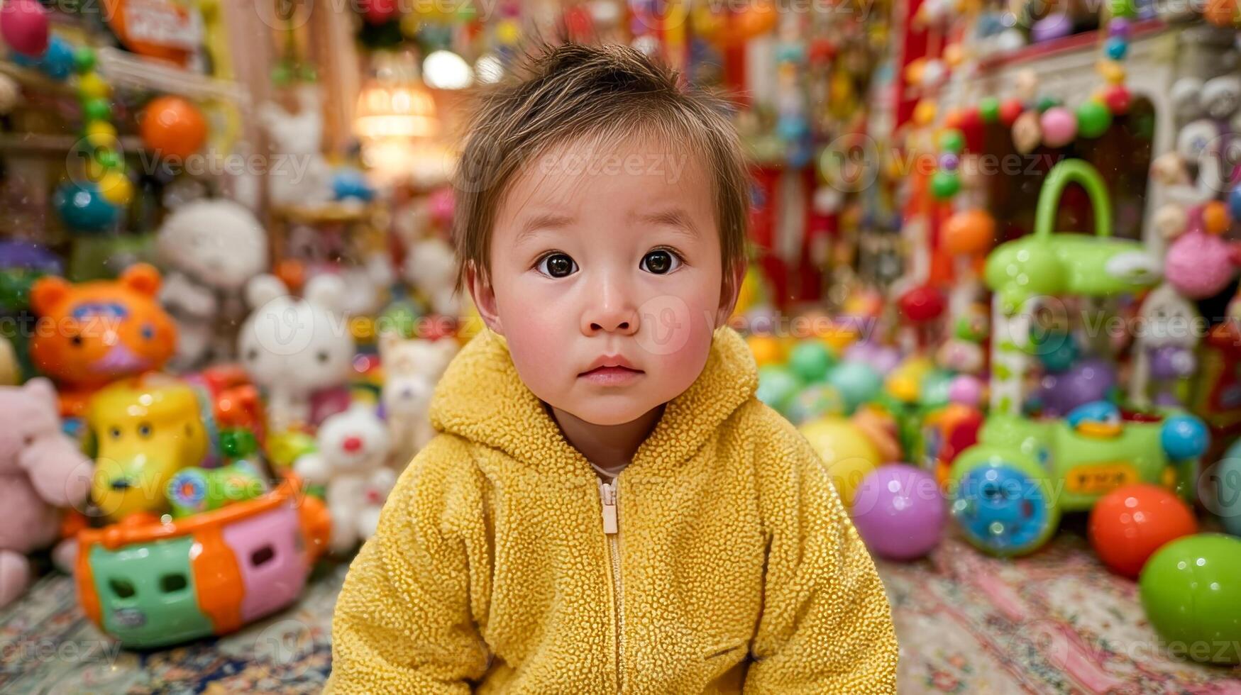 Asian baby sitting on soft rug surrounded by colorful toys, wearing yellow overalls, looking up with wide eyes photo