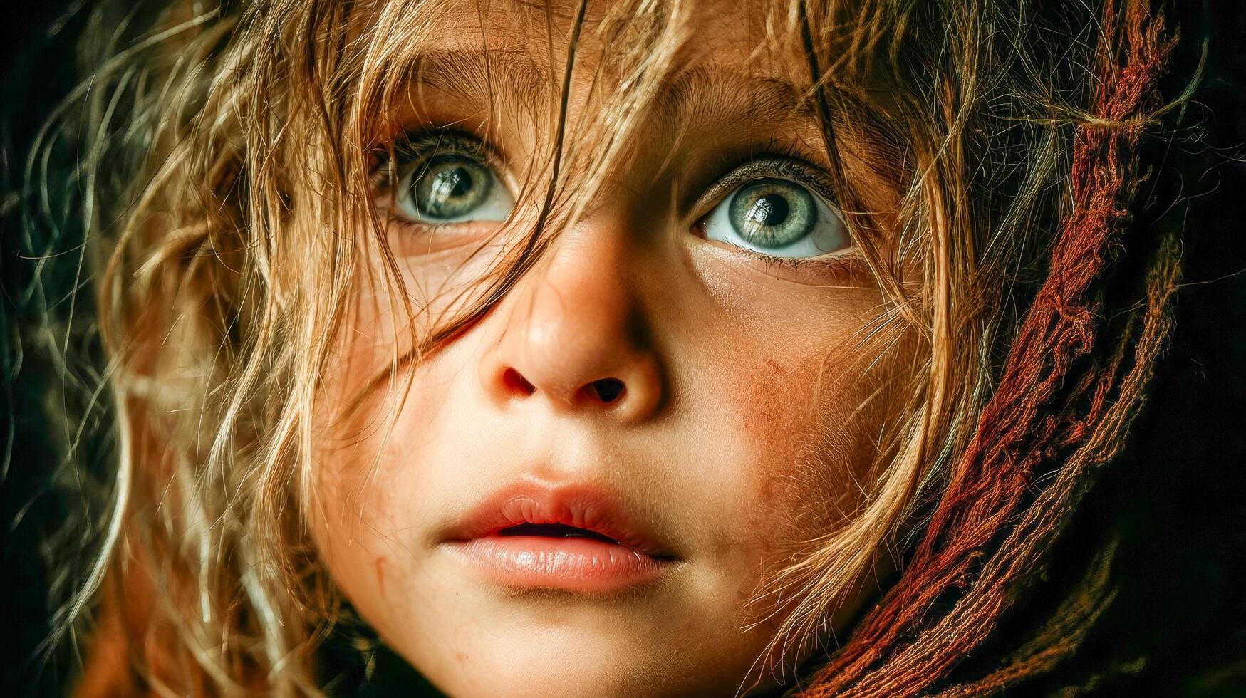 A girl with disheveled hair and a tear-stained face looks scared, her eyes wide open with sadness photo