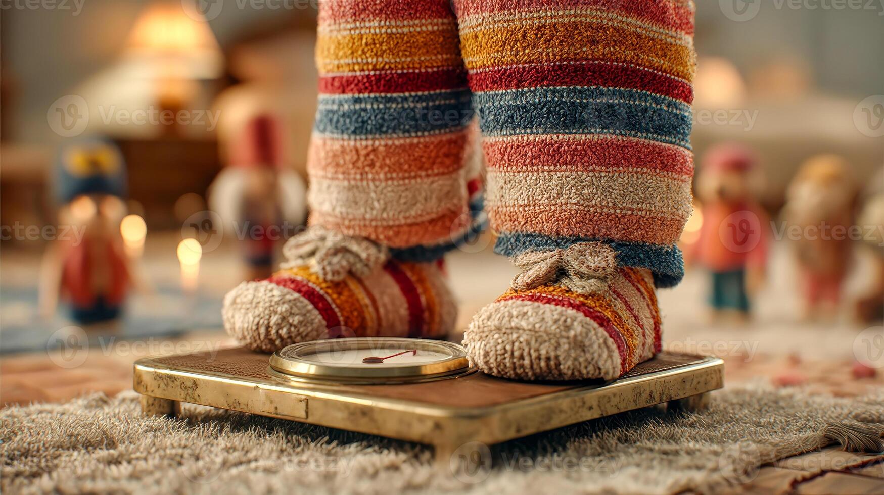 A pair of human legs in striped pajama pants stand on old-fashioned analog scales in a cozy, softly lit bedroom photo