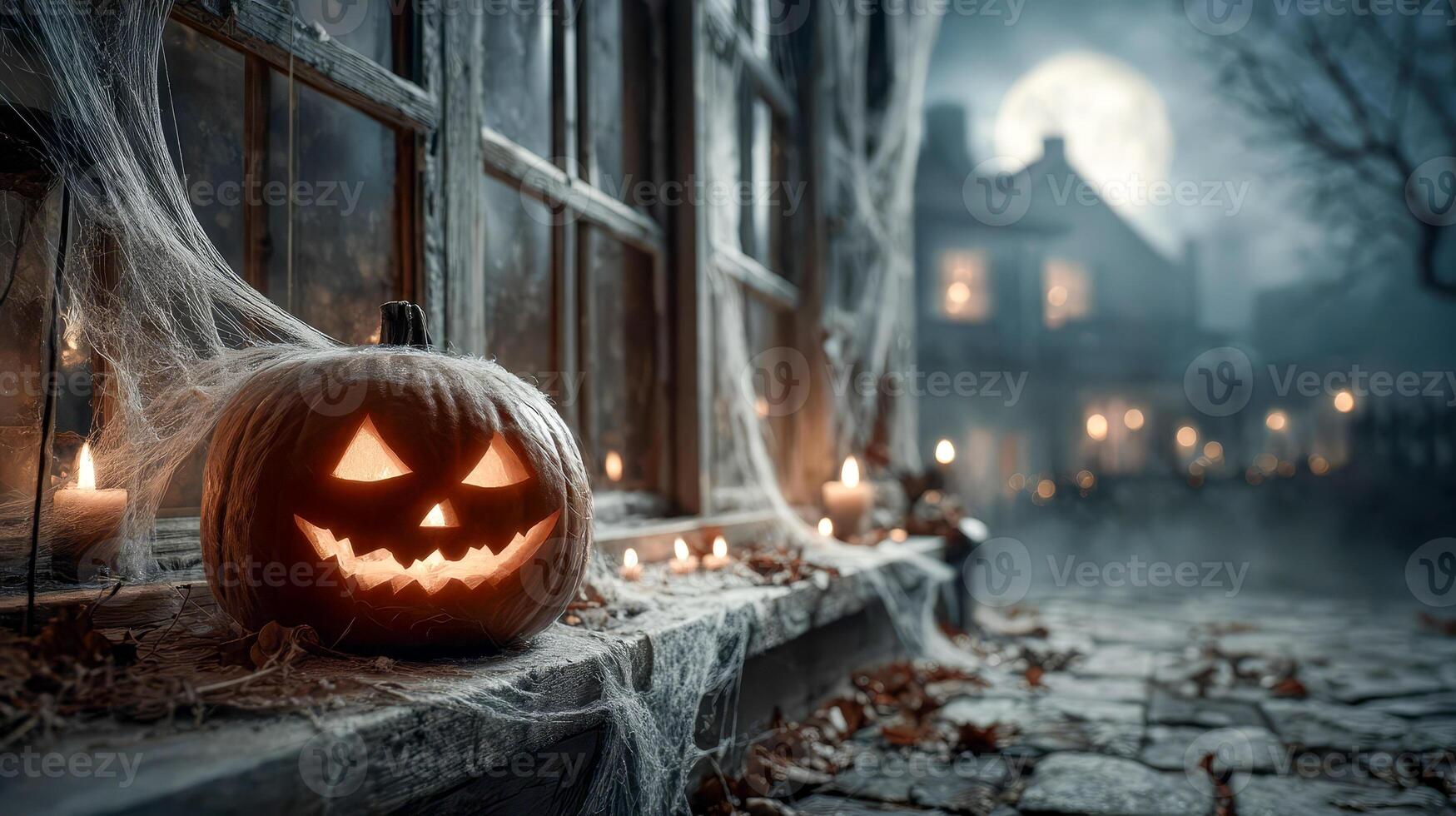 Halloween pumpkin with creepy face illuminated from inside standing on windowsill with spider web decor against full moon at night photo