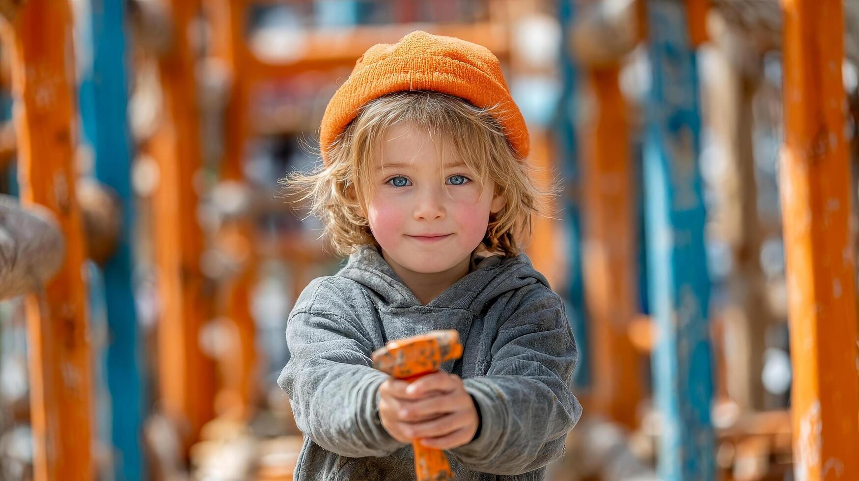 A boy in an orange hat and a hammer in his hands helps at a construction site photo