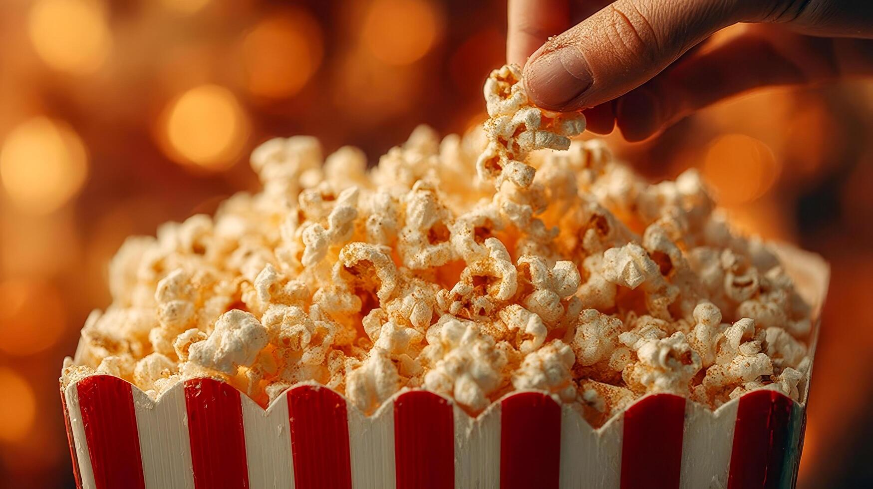 A man eats delicious popcorn from a paper box in a movie theater photo