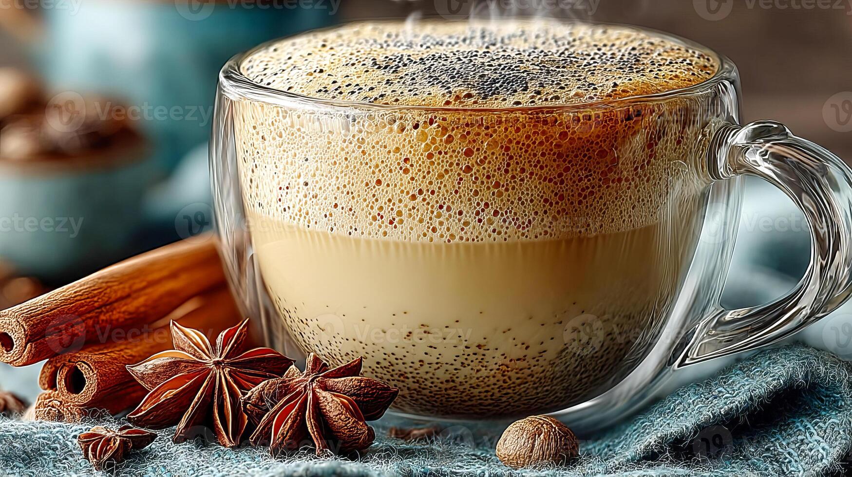 A clear double walled tea cup with visible spices and frothy milk sits on a textured fabric surface with cinnamon sticks nearby photo