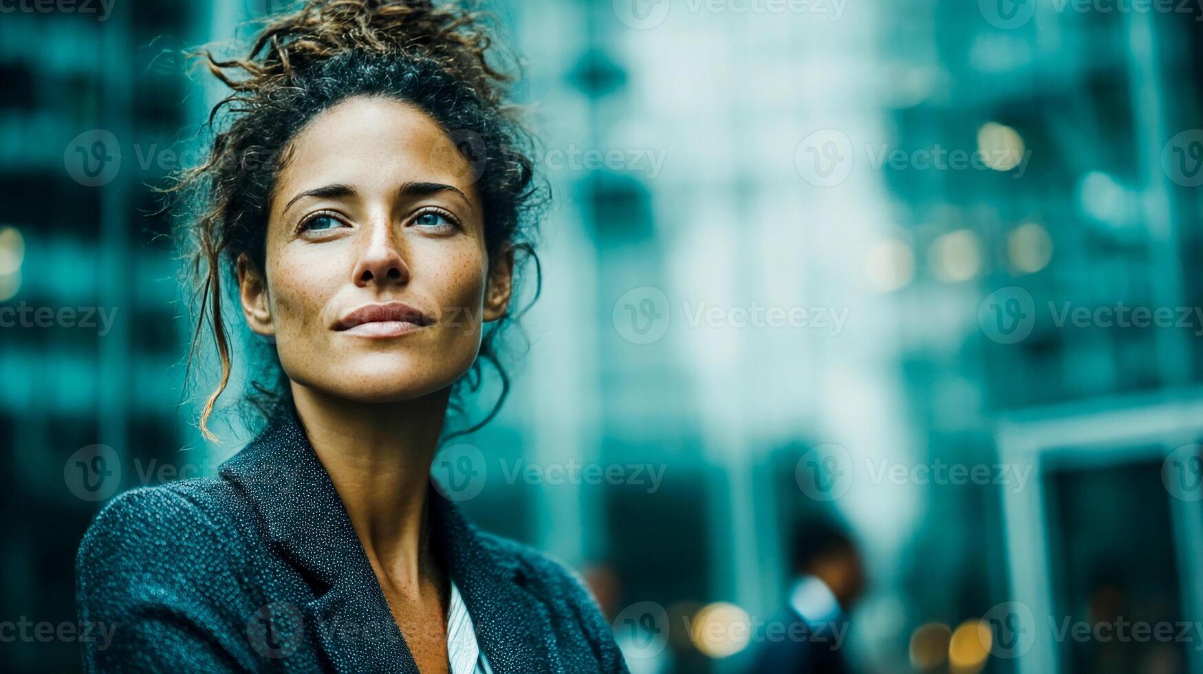 Middle aged businesswoman in suit walking past business center photo