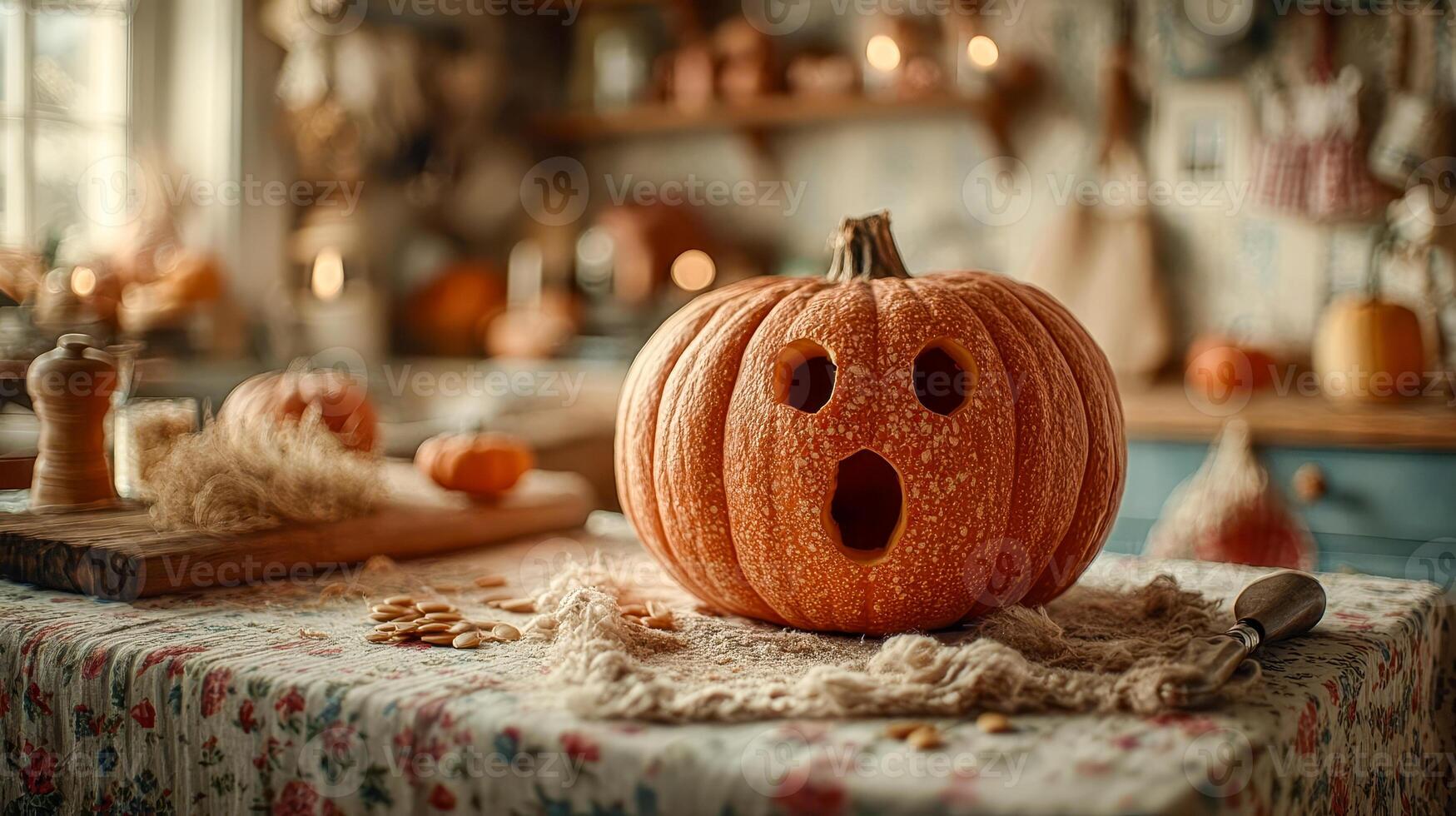 A whole pumpkin with a surprised expression stands on a Halloween table photo