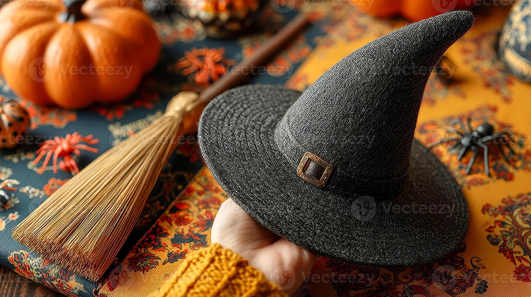 Close-up of a hand holding a black witch's hat and broomstick against a backdrop of colorful Halloween decorations photo