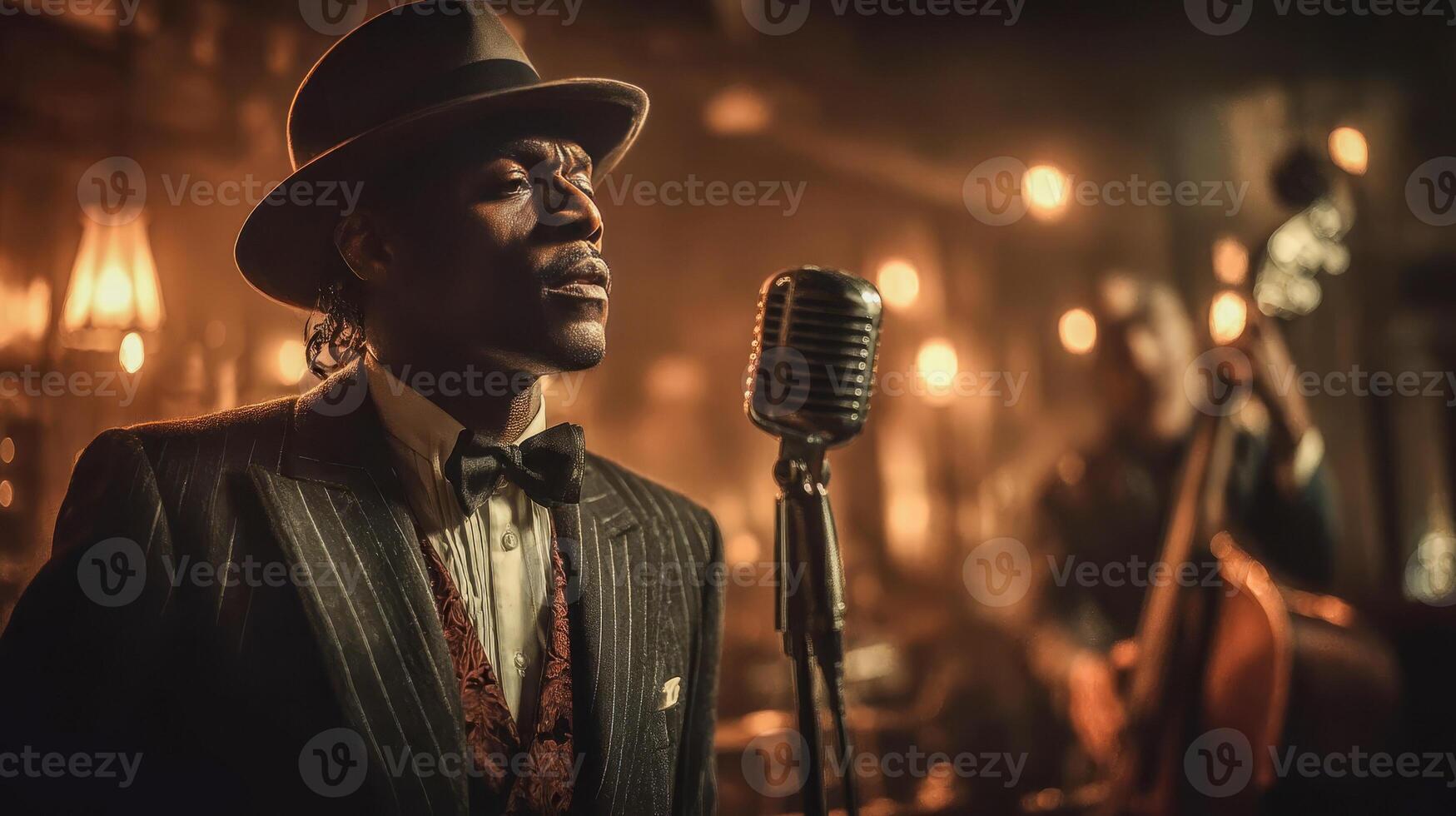 Charismatic black jazz singer in formal tuxedo and fedora on stage with dimly lit jazz band in background photo