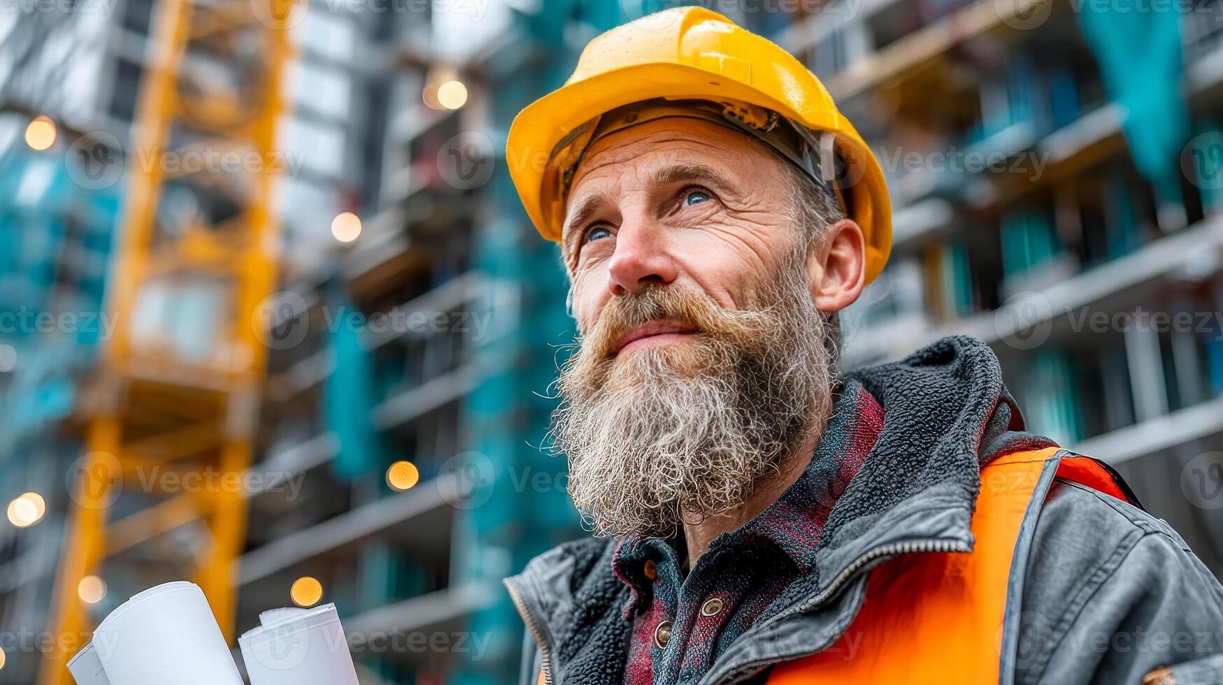 Male construction worker in hard hat and safety vest standing confidently at construction site holding rolled up blueprints photo