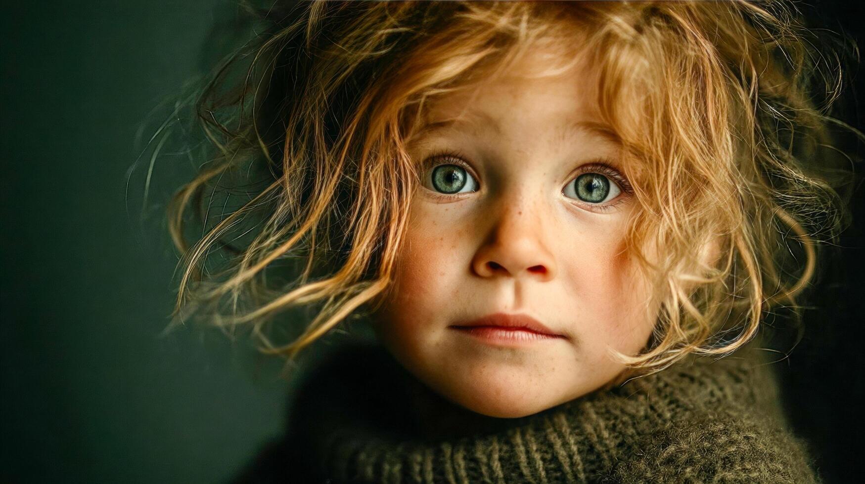 A cute child with disheveled hair and a tear-stained face looks scared, eyes wide open with sadness photo