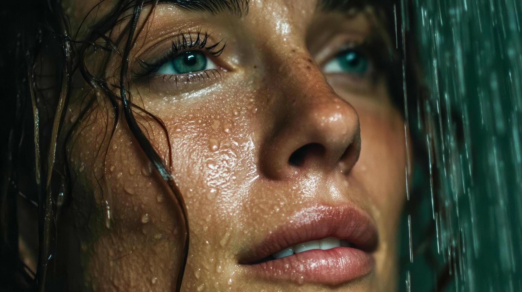 Close-up of woman with long wet hair standing under weak stream of water in modern glass shower cabin photo