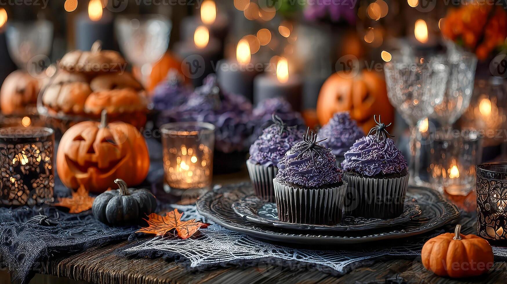 The table is decorated for a Halloween party with a spooky pumpkin, black and purple cupcakes, candles, spiders and cobwebs photo