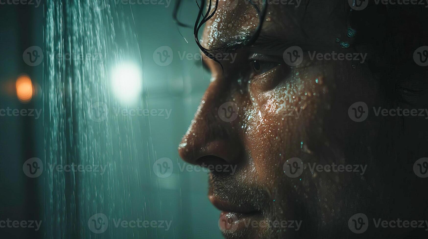 Brutal man taking shower in modern shower cabin with glass walls photo