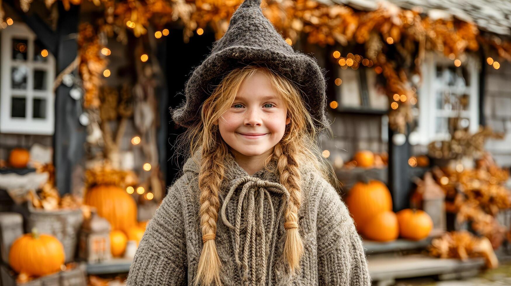 Girl in pointy Halloween hat stands on porch decorated with pumpkins photo