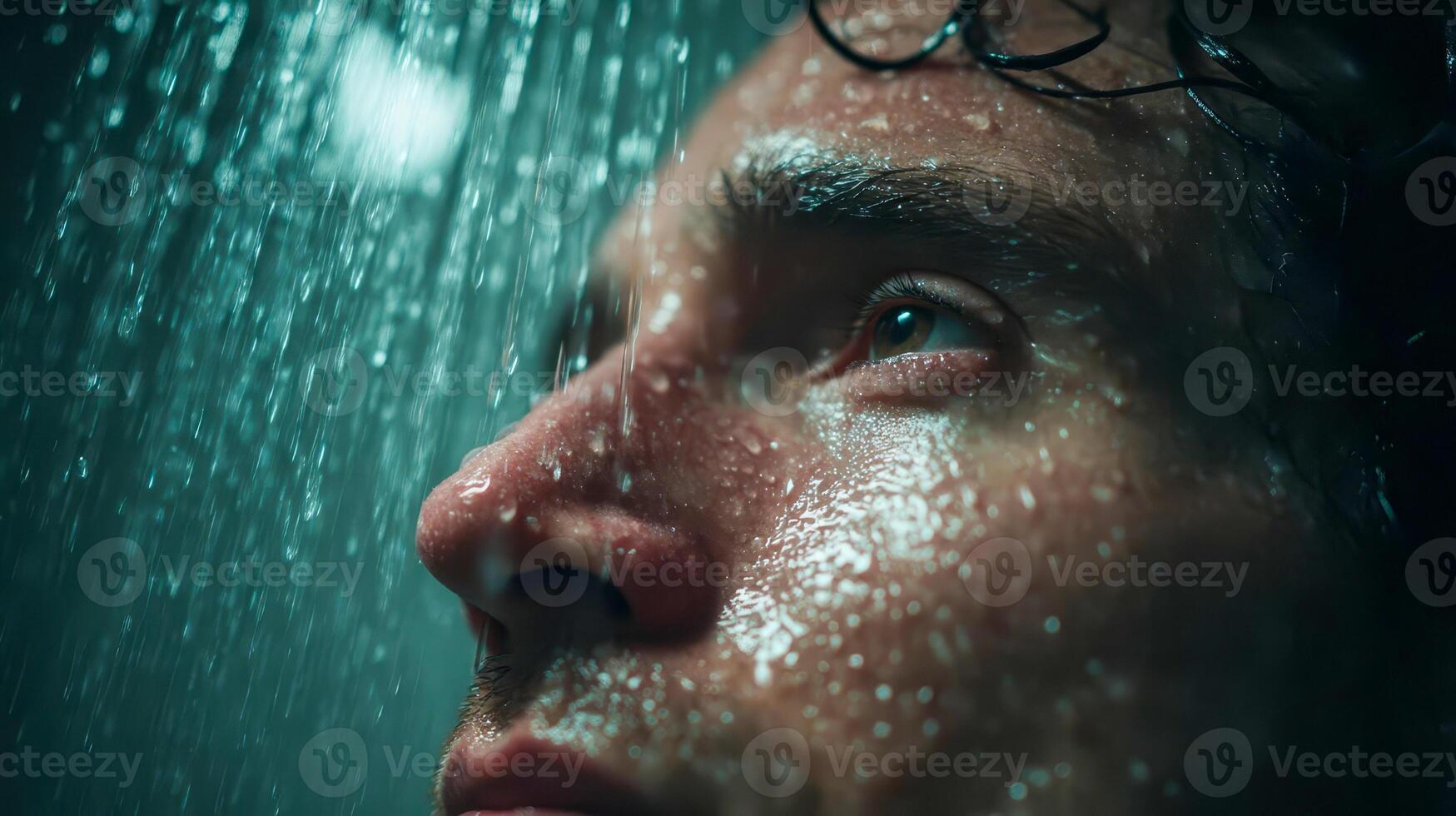 Wet man stands under running water in modern glass walled shower photo