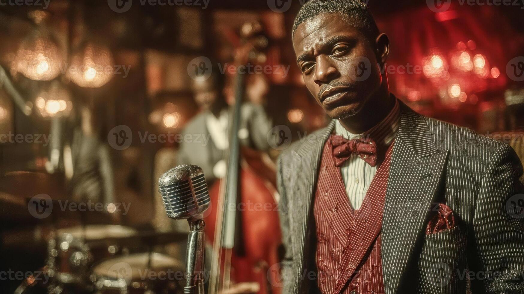 Black male jazz singer in suit standing on stage in front of microphone singing photo