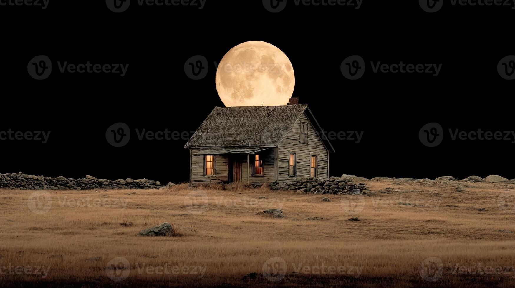 Full yellow moon in the sky behind the old hut at night, black sky photo