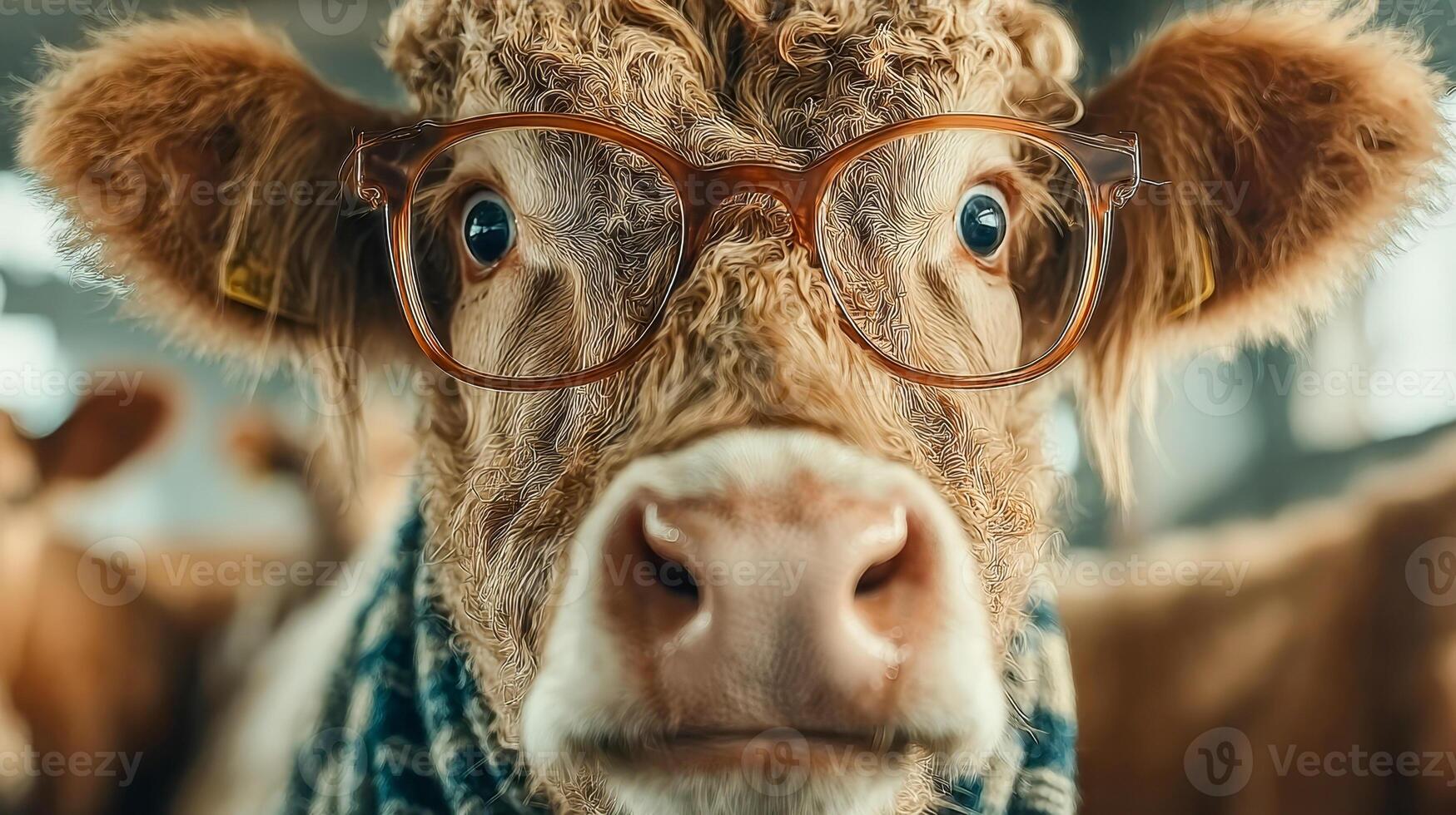 Close-up portrait of cow wearing stylish glasses with quirky expression photo
