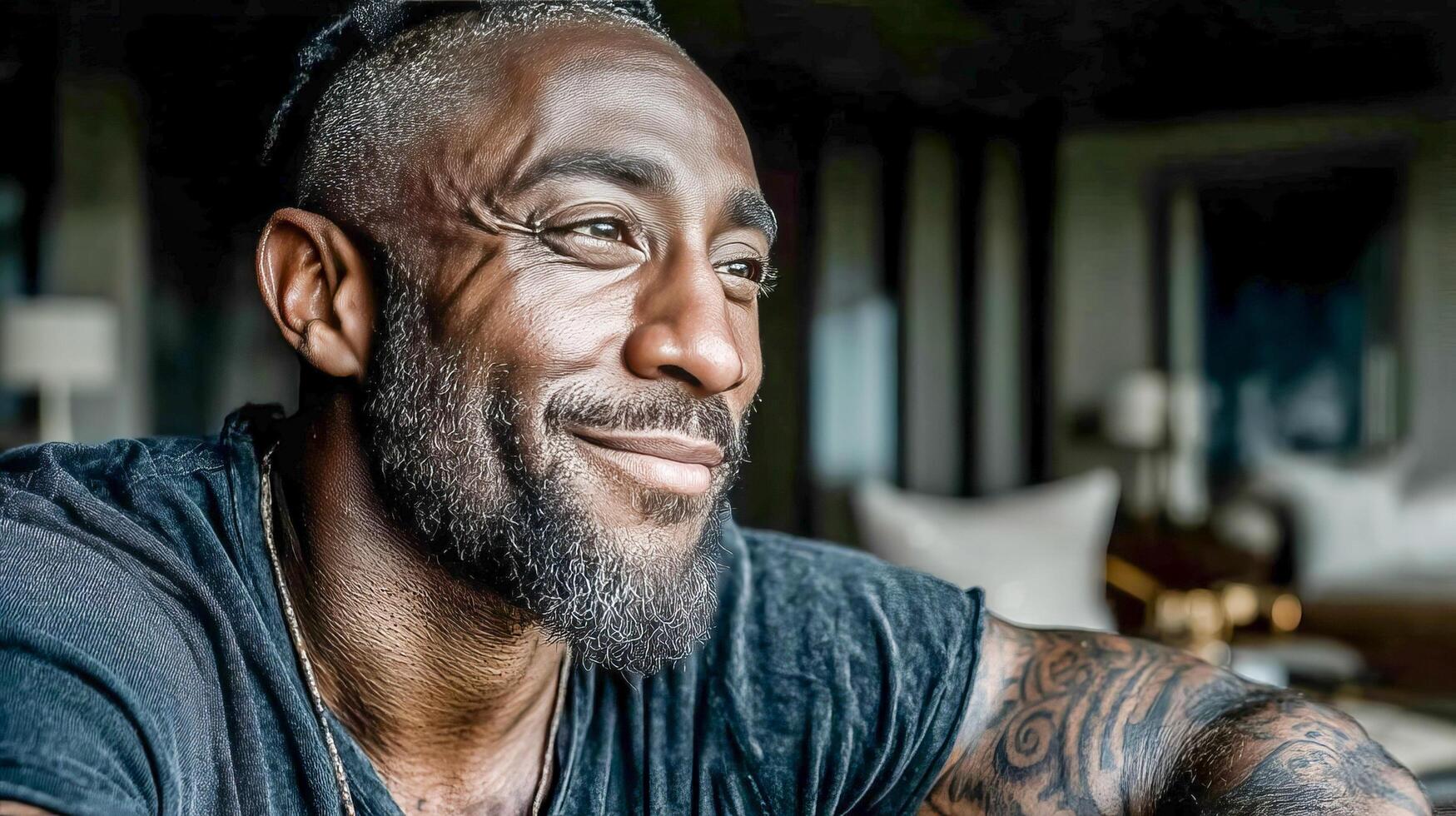 Middle aged black man in black t-shirt smiling and looking out the window from his house photo