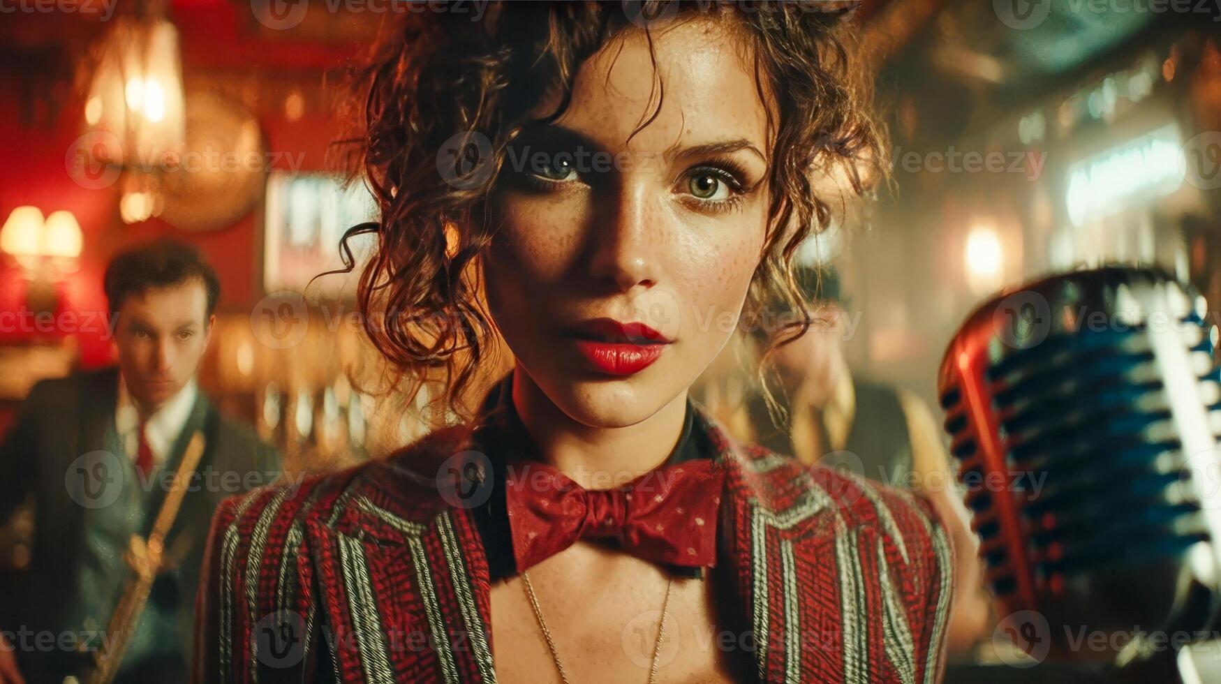 A jazz singer stands on stage in front of a microphone and performs with musicians in a bar, dressed in a suit and bow tie photo
