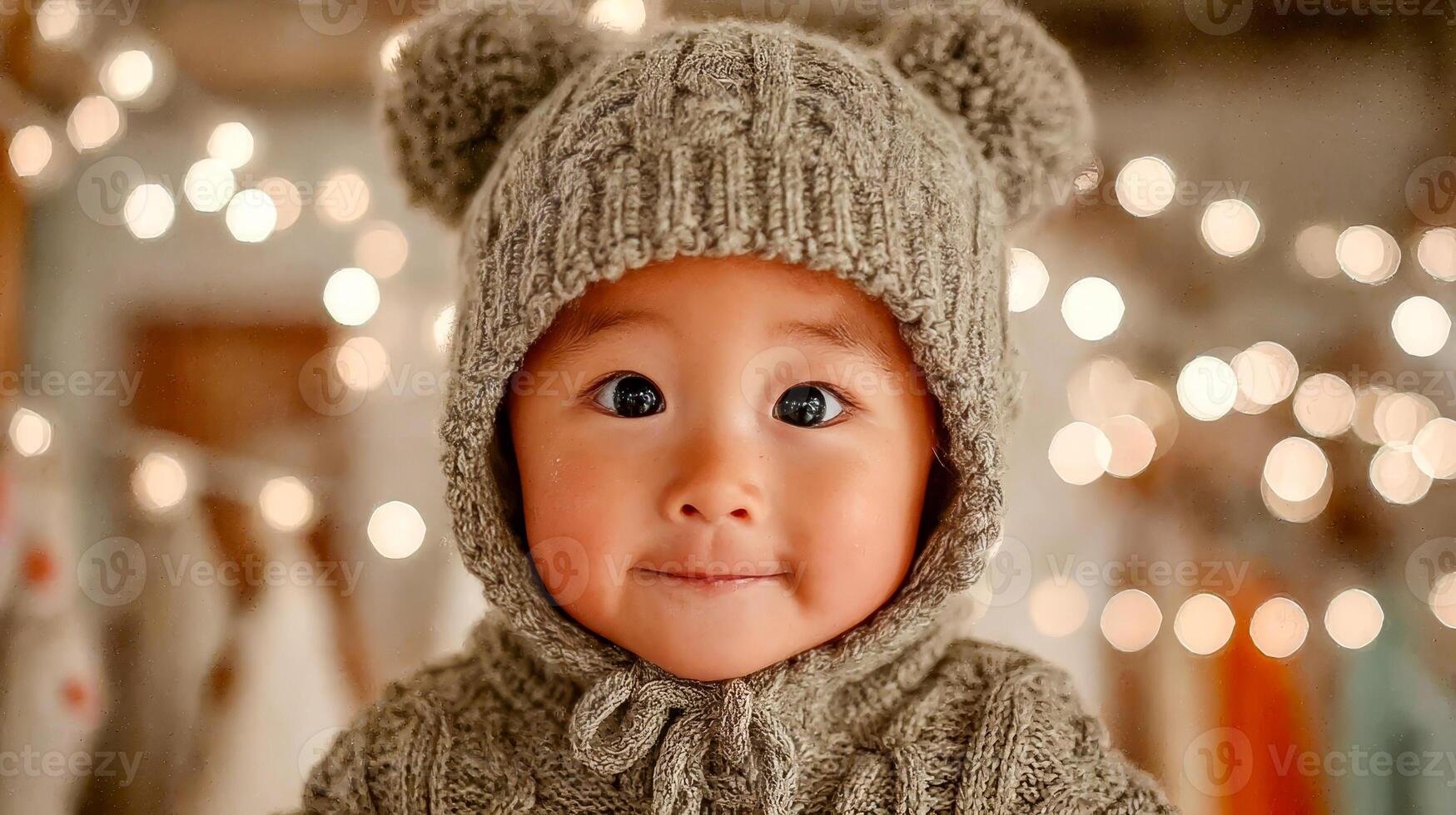 Close-up of Asian baby with chubby cheeks and curious eyes, wearing a cozy knitted hat photo