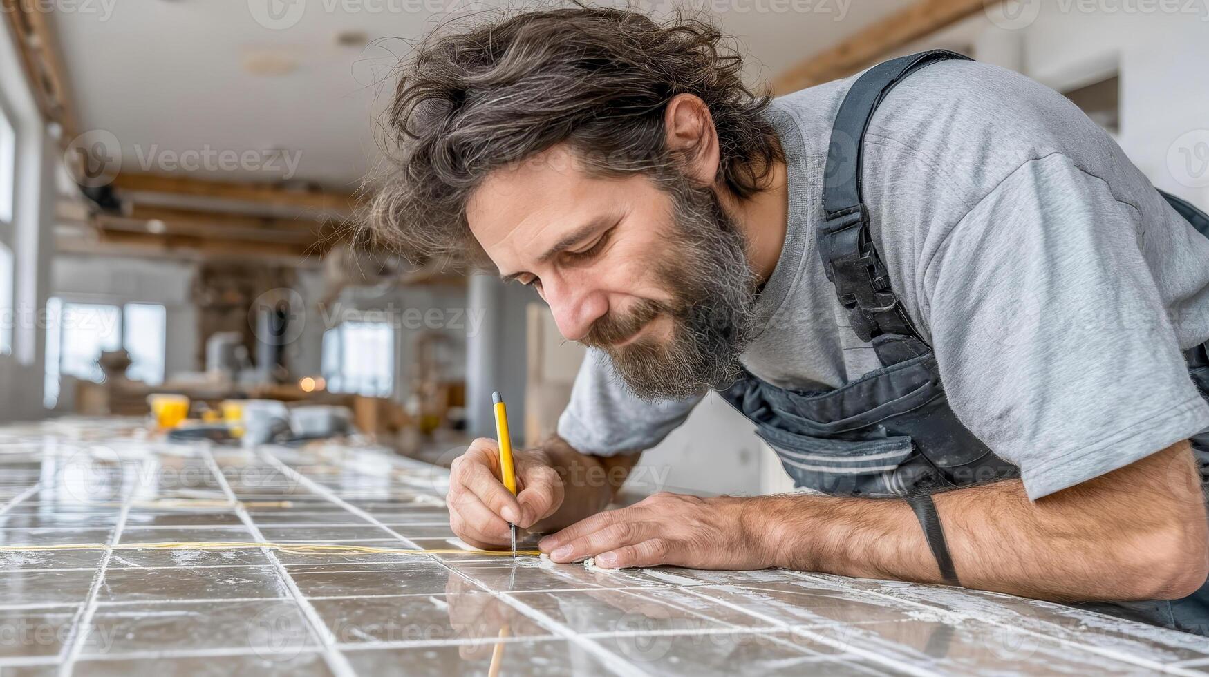 A man in work uniform carefully checks the alignment of tiles in a modern kitchen photo