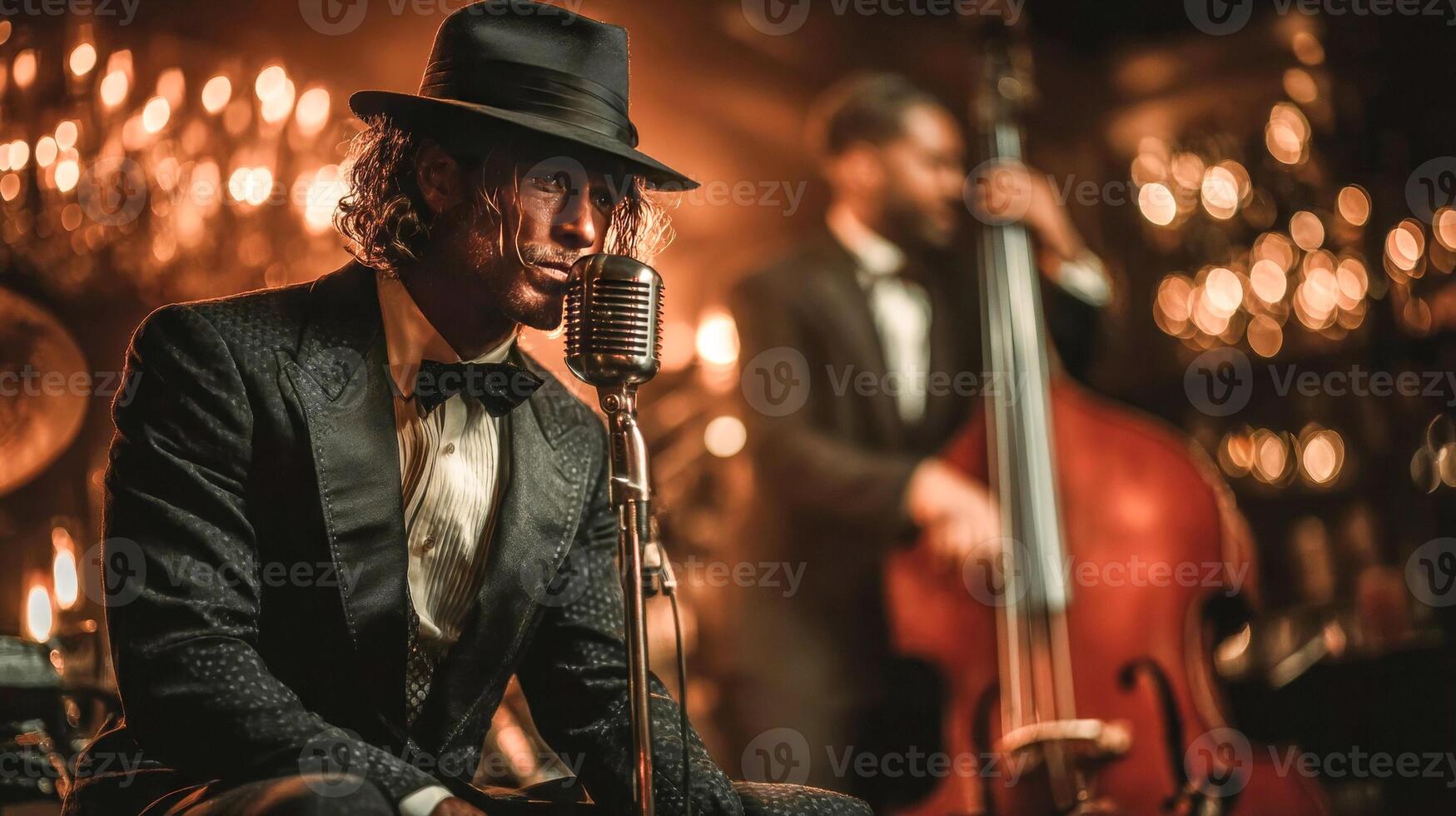 Charismatic jazz singer in formal tuxedo and fedora on stage with dimly lit jazz band in background photo
