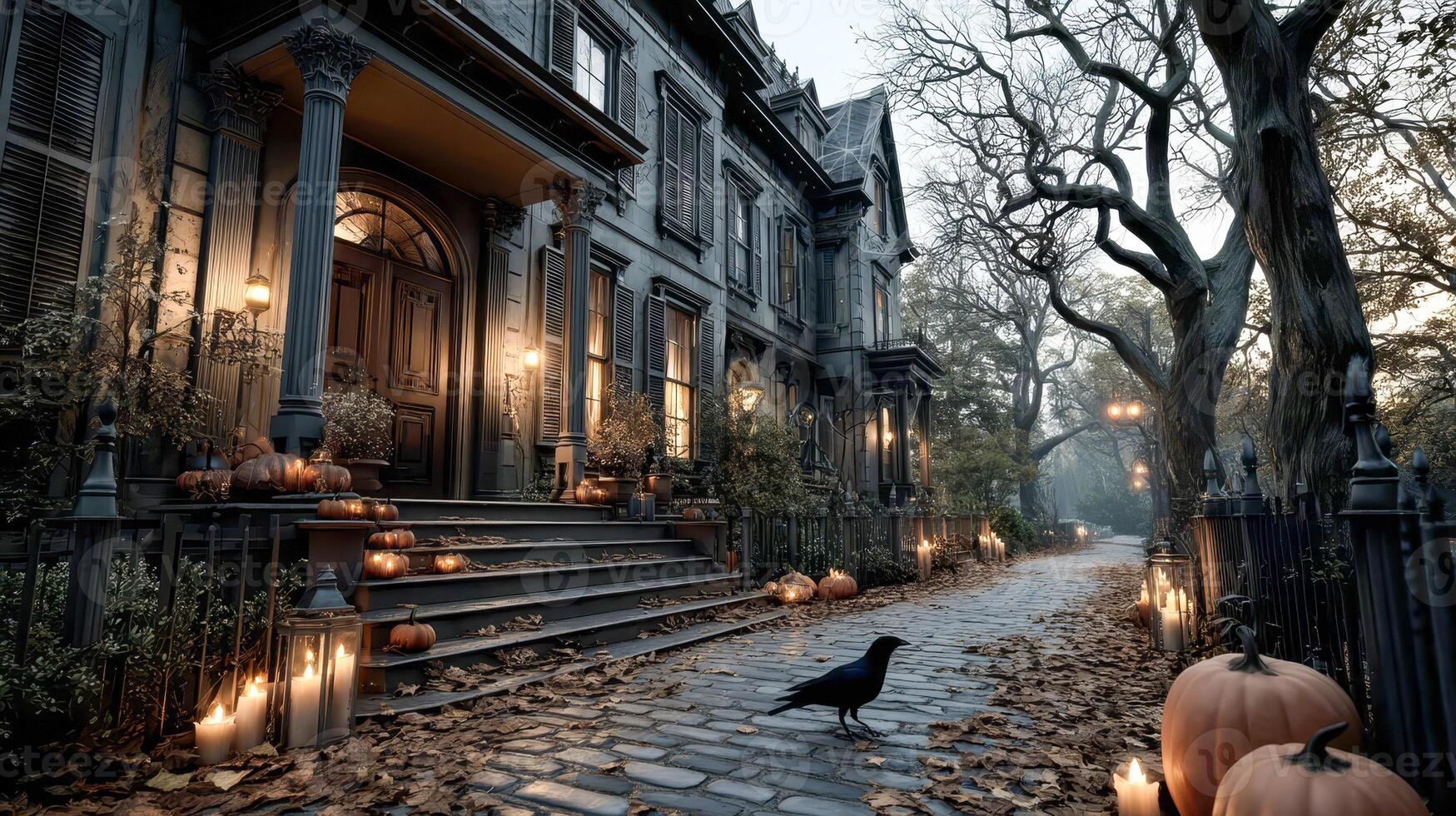 A mysterious old house shrouded in cobwebs and eerie orange lighting, with carved pumpkins along the path and a crow photo