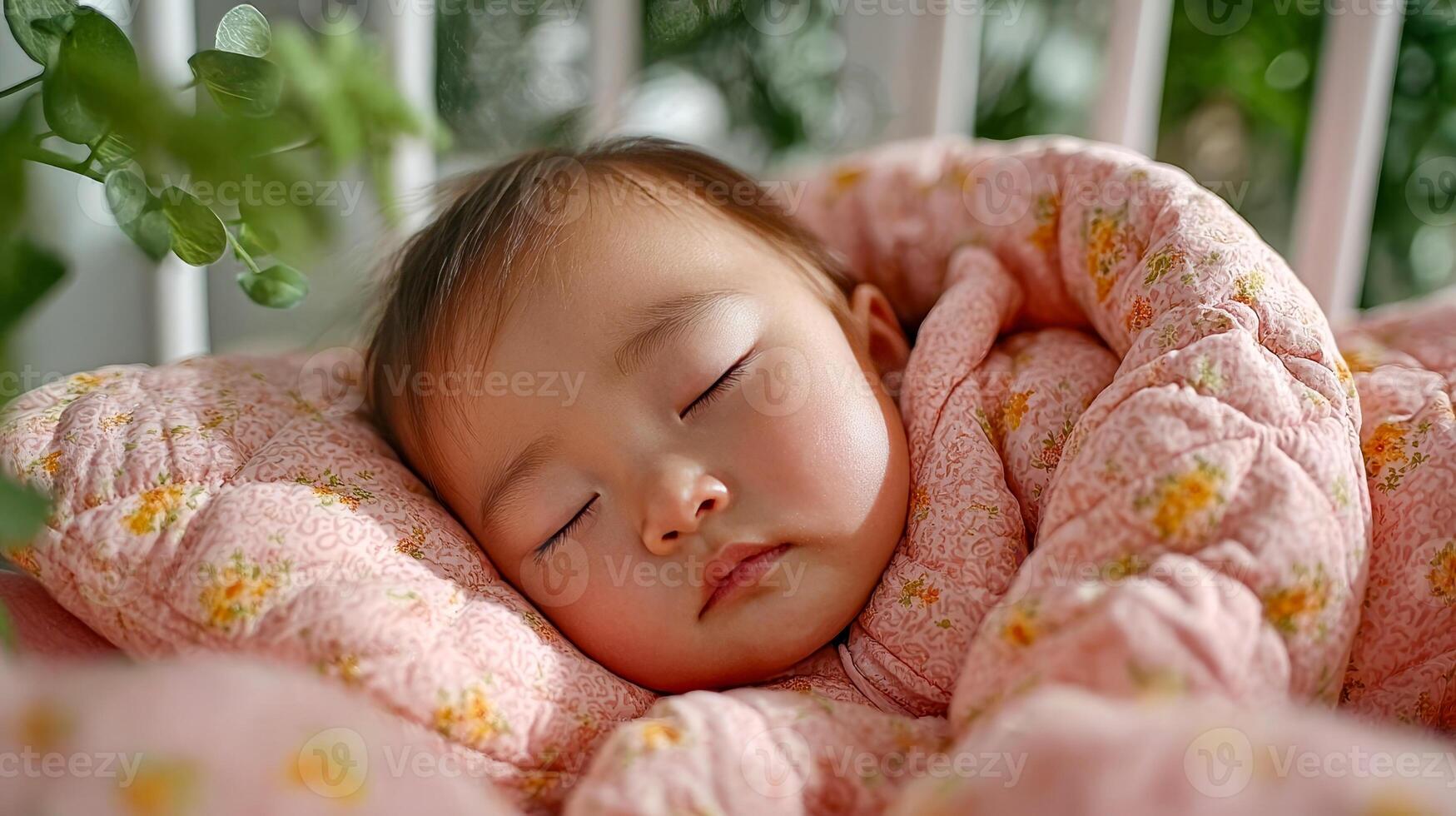 Sleeping asian baby wrapped in blanket lying on soft surface photo