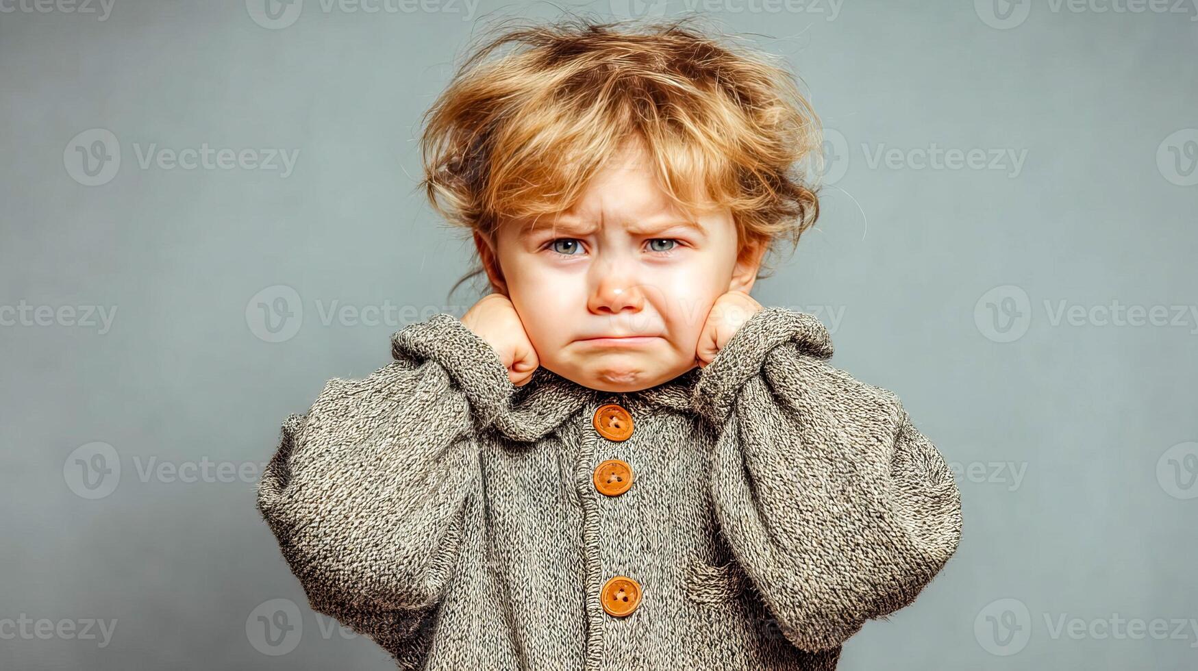 The baby stands with a tear-stained face, his small hands clasped at his sides, and his body language expresses deep frustration photo