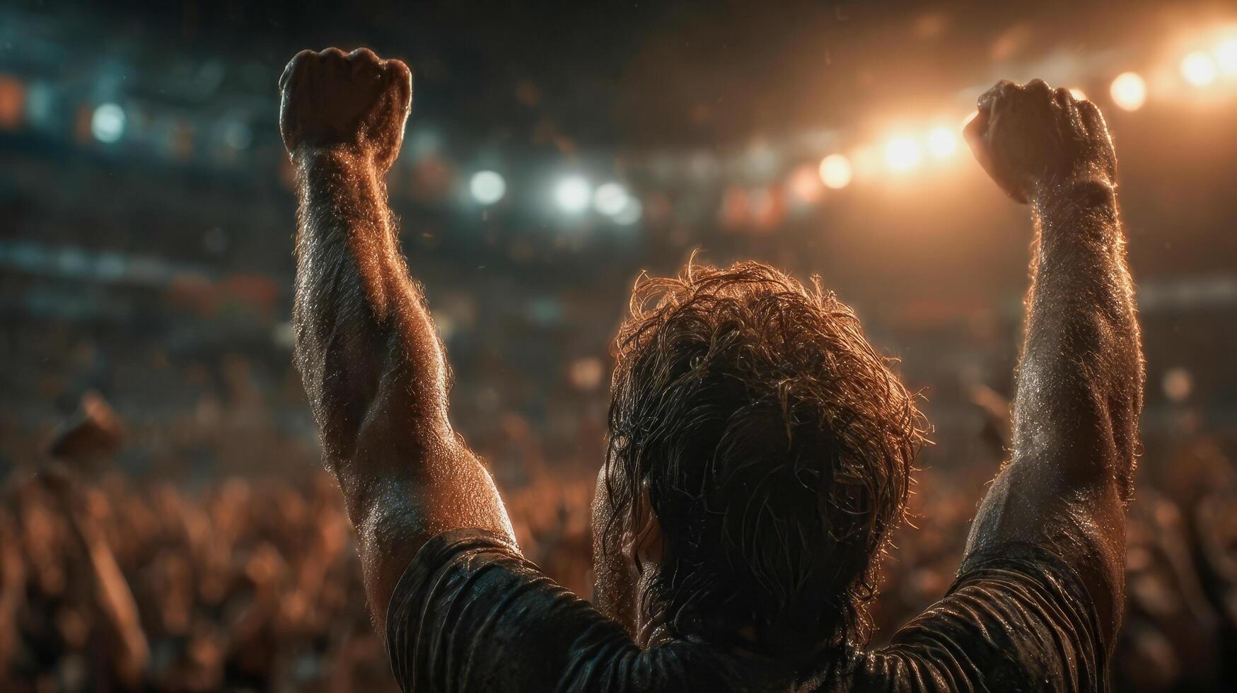 A European footballer celebrates a goal with his arms raised as a stadium of people scream, teammates cheer in the background photo