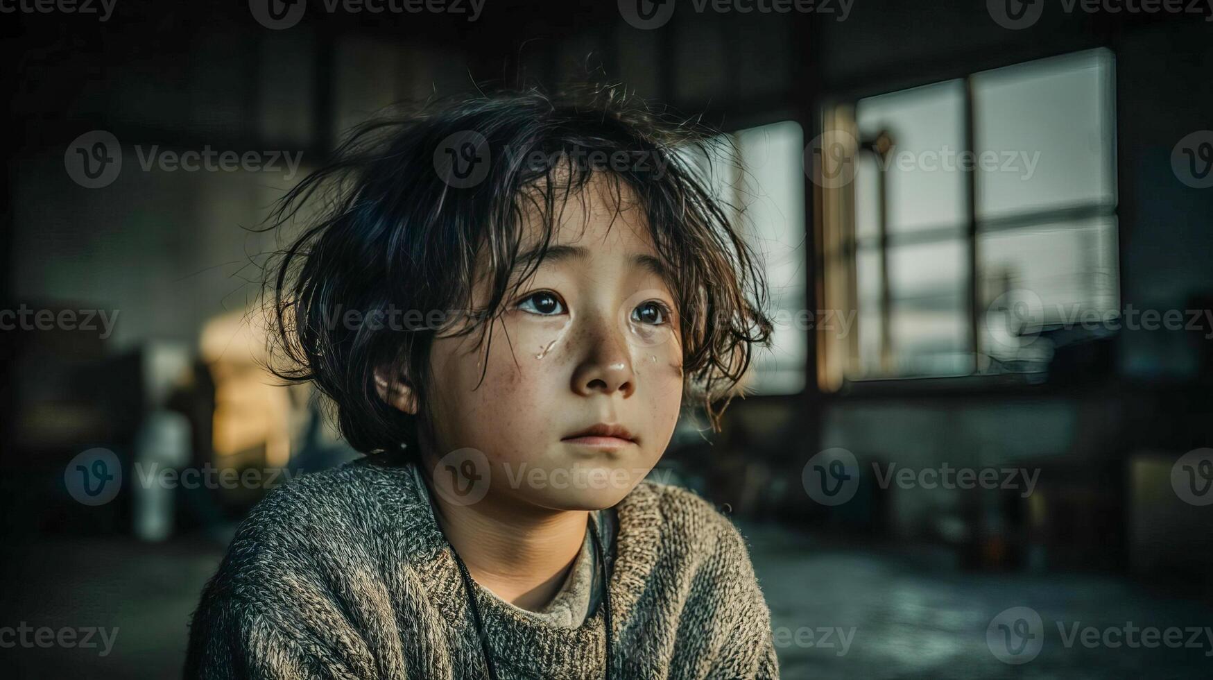 A small child with tears running down his face sits on the floor with a sad expression photo