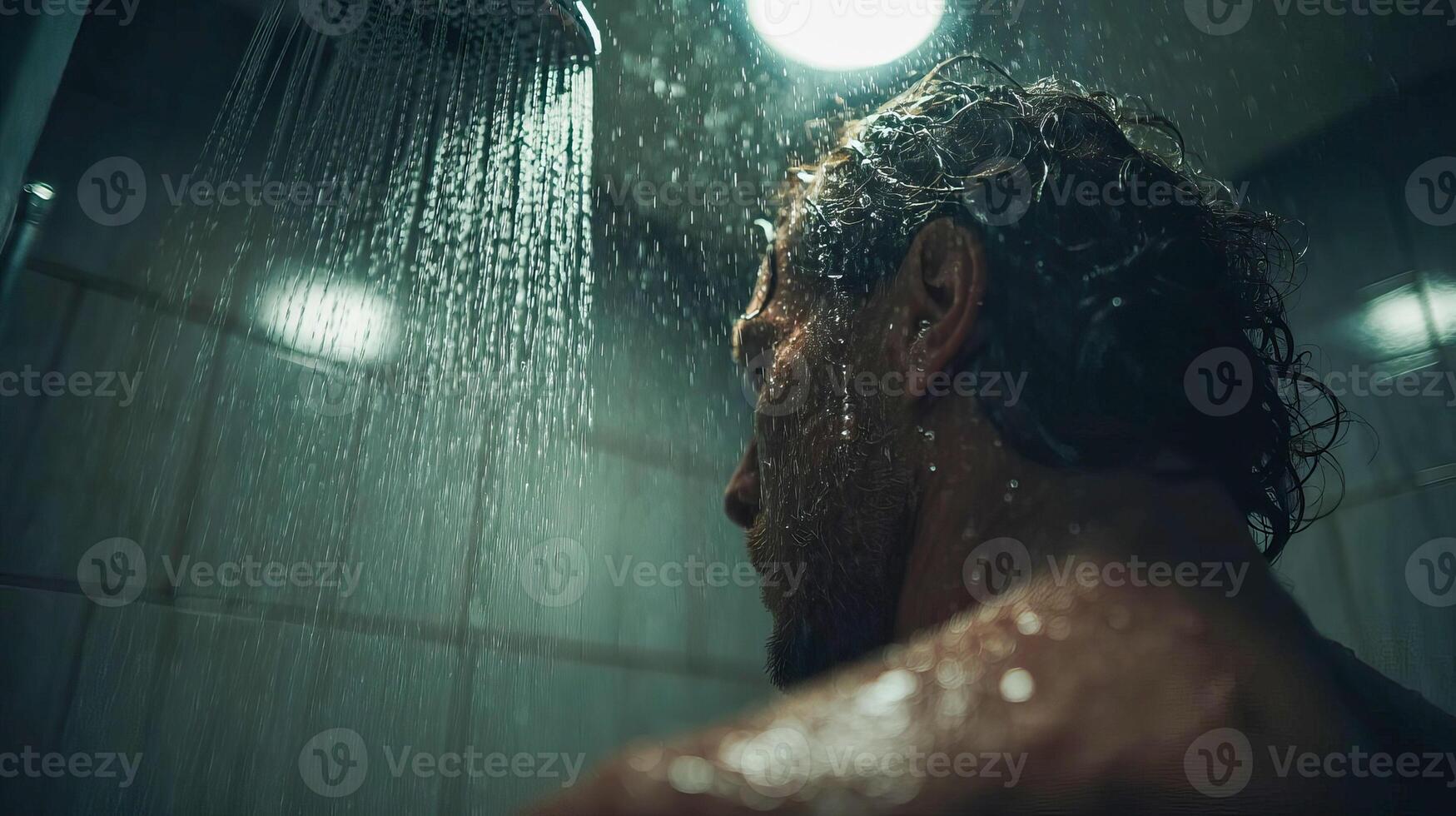 Back view of muscular man standing in shower stall taking shower photo
