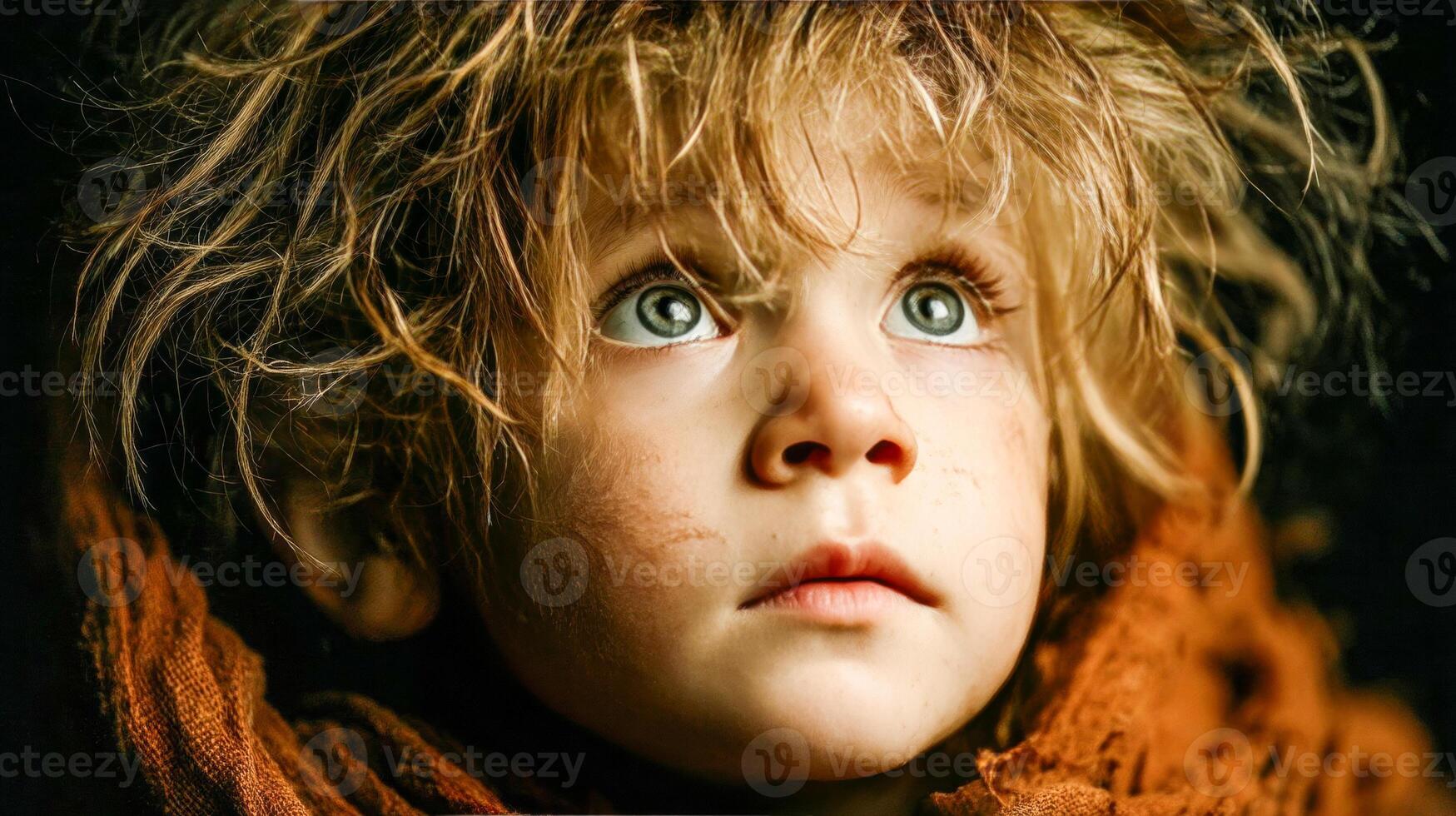 A small child with disheveled hair and a tear-stained face looks scared, eyes wide open with sadness photo