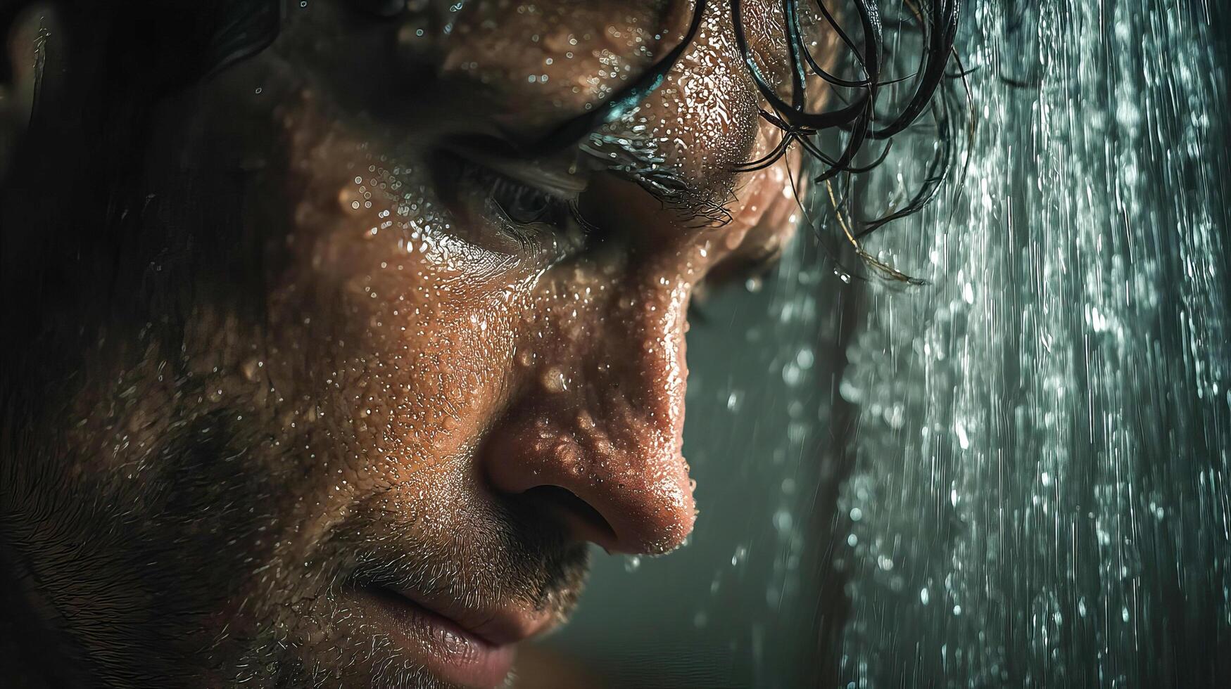 A man with short dark hair stands under a continuous stream of water in a modern shower cubicle with glass walls photo
